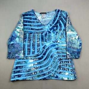 Vintage Abstract Shirt Top Womens Medium Blue Art Clothes Head Long Sleeve y2k